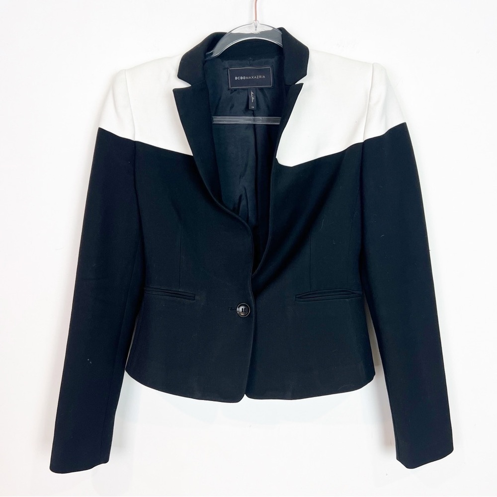 BCBG MAXAZRIA BLACK CREAM ONE BUTTON BLAZER WOMENS SZ XS